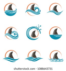 abstract collection of shark fin, sun and sea icons