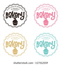 Abstract collection of signs labels with BAKERY text and cupcake sweet muffin, candy factory labels concept, vector illustration