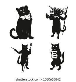 Abstract collection of silhouettes of cats standing on two legs, on white background, vector