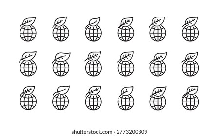 Abstract collection of simplified planet icons adorned with foliage. Ideal for ecological campaigns sustainability branding or global conservation messaging.