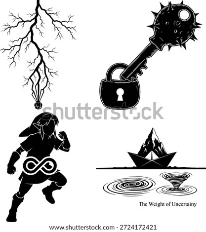 An abstract collection of symbolic illustrations representing challenges, journey, and the weight of uncertainty isolated on white background, Vector