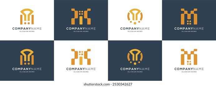 Abstract collection of unique letter M with technology shapes logo vector ideas. Creative design based icon template.	
