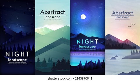 Abstract collection of vector landscapes. Night with moon, stars. Evening or morning with sunrise or sunset. Design for background, wallpaper, banner, tourism card. 