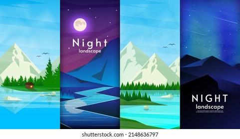Abstract collection of vector landscapes. Night with moon, stars. Day landscape with mountains and forest. Design for background, wallpaper, banner, tourism card. 