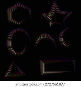 Abstract collection of vibrant multi-colored geometric outlines, including hexagon, star, oval, triangle, and rectangle, rendered with dynamic striped lines on a dark background,