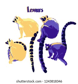 Abstract collection of wild lemurs drawn in the technique of rough brush in vibrant colors. Vector exotic design isolated on white background