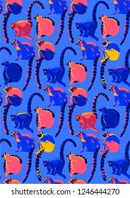 Abstract collection of wild lemurs drawn in the technique of rough brush in vibrant colors. Vector exotic seamless pattern