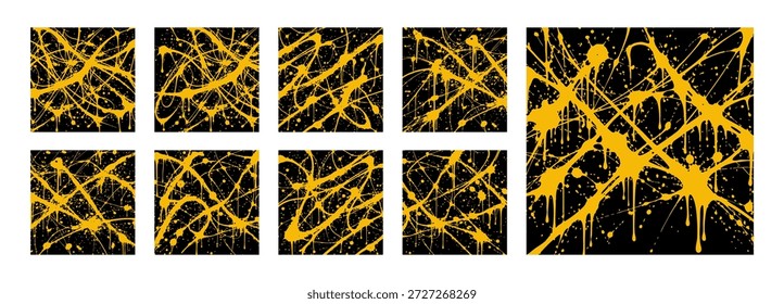 Coleção abstrata de manchas de tinta amarela e goteja em fundos pretos, apresentando um estilo de pintura de ação.