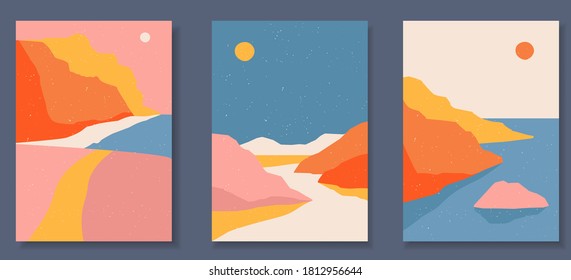 Abstract coloful landscape poster collection. Set of contemporary art print templates. Nature backgrounds for your social media. Sun and moon, sea, mountains, ocean, river bundle.