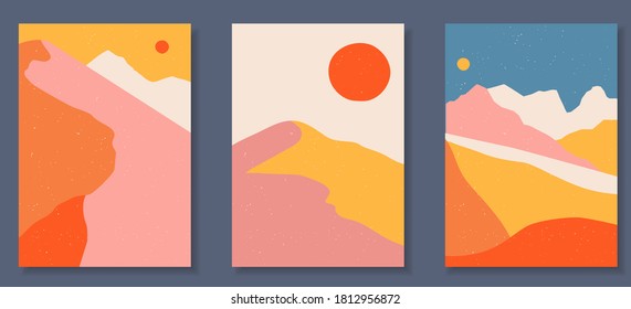 Abstrakte farbenfrohe Landschaftsposter-Kollektion. Set von Print-Vorlagen für zeitgenössische Kunst. Naturhintergründe für Ihre sozialen Medien. Sonne und Mond, Meer, Berge, Ozean, Flussbündel.