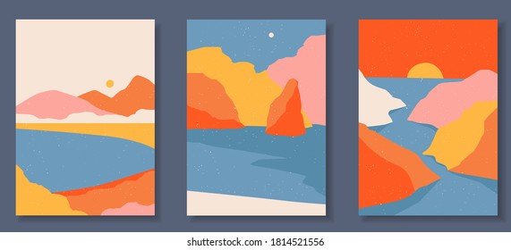 Abstract coloful landscape poster collection. Set of contemporary art print templates. Nature backgrounds for your social media. Sun and moon, sea, mountains, ocean, river bundle.