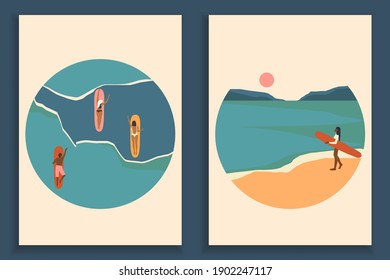 Abstract coloful landscape poster collection. Set of contemporary art beach print templates. Nature backgrounds for your social media. Sun and moon, sea, mountains, ocean, surfers.