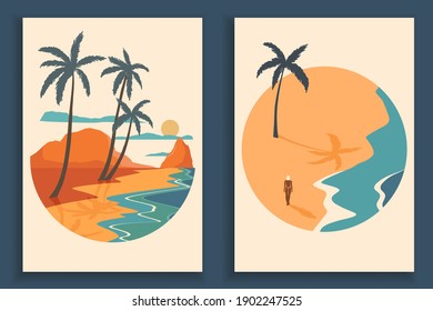 Abstract coloful landscape poster collection. Set of contemporary art beach print templates. Nature backgrounds for your social media. Sun and moon, sea, mountains, ocean, palms.