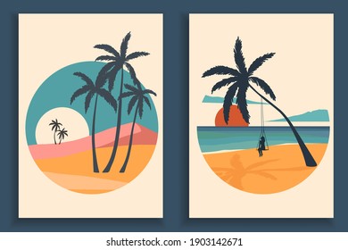 Abstract coloful landscape poster collection. Set of contemporary art beach print templates. Nature backgrounds for your social media. Sun and moon, sea, mountains, ocean, palms.