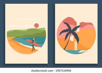 Abstract coloful landscape poster collection. Set of contemporary art beach print templates. Nature backgrounds for your social media. Sun and moon, sea, mountains, ocean, palms, surfers.