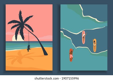 Abstract coloful landscape poster collection. Set of contemporary art beach print templates. Nature backgrounds for your social media. Sun and moon, sea, mountains, ocean, palms.