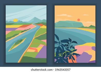 Abstract coloful landscape poster collection. Set of contemporary art print templates. Nature backgrounds for your social media. Sun and moon, sea, mountains, ocean, river, bird, fields.