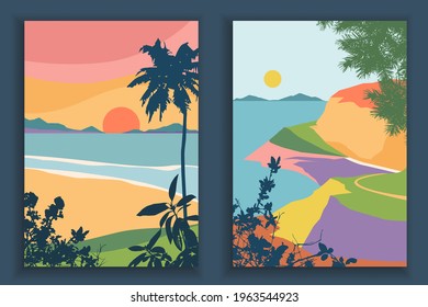 Abstract coloful landscape poster collection. Set of contemporary art print templates. Nature backgrounds for your social media. Sun and moon, sea, mountains, ocean, river, sunset, palm, tree.