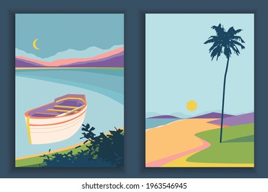 Abstract coloful landscape poster collection. Set of contemporary art print templates. Nature backgrounds for your social media. Sun and moon, sea, mountains, ocean, river, palms, tree, boat.