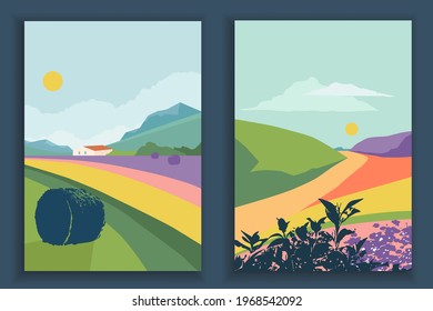 Abstract coloful landscape poster collection. Set of contemporary art print templates. Nature backgrounds for your social media. Sun, fields, bushes, mountains, house, river bundle.