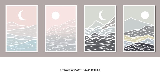 Abstract coloful landscape poster collection. Set of contemporary art print templates. Nature backgrounds for your social media. Sun and moon, sea, mountains, ocean, river bundle.