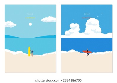 Abstract coloful landscape poster collection. Set of Contemporary art beach print templates. Nature background for social media. Sun, sea, ocean, surfer. Trendy flat design. Simple vector illustration