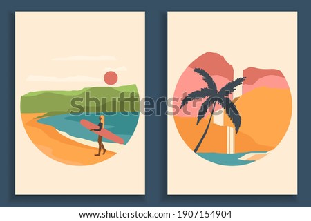 Abstract coloful landscape poster collection. Set of contemporary art beach print templates. Nature backgrounds for your social media. Sun and moon, sea, mountains, ocean, palms, surfers.