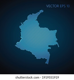 Abstract Colombia map template made from blue diagonal lines on dark background. Vector illustration EPS10.