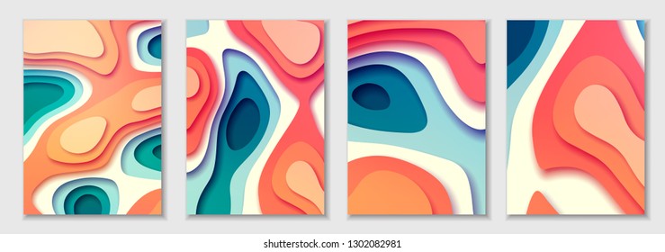 abstract color 3d paper art illustration set. Coral color of the year. Vector design layout for banners presentations, flyers, posters and invitations
