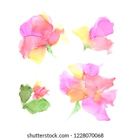 Abstract color alcohol ink flowers isolated on white background . Marble style. Hand painted vector illustration for your design.