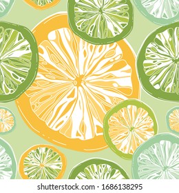 Abstract color background with citrus-fruit of grapefruit, orang.ime seamless pattern consisting of a slice of citrus fruit.