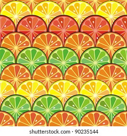 Abstract color background with citrus-fruit of grapefruit, orange and lemon slices. citrus seamless pattern. Vector Illustration