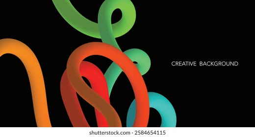 Abstract Color Background with Dynamic Gradient Lines. Vector 3D Curve Ribbons in black background. Wavy colorful Graphic Design