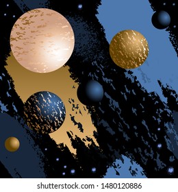Abstract color background. Golden, gray, blue stains, brush strokes, dots and 3d balls on black background. Planets in outer space.
