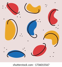 Abstract color background. Pattern with orange, blue and red spots complemented by dark lines and dots. Light background, vector image.