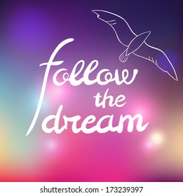 Abstract color background with text and bird sketch. Vector illustration. 