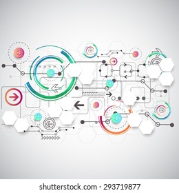 Abstract color background with various technological elements. Vector
