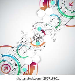 Abstract color background with various technological elements. Vector