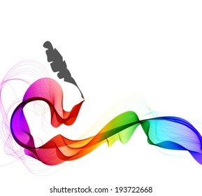 Abstract color background with wave and feather pen, illustration, VECTOR
