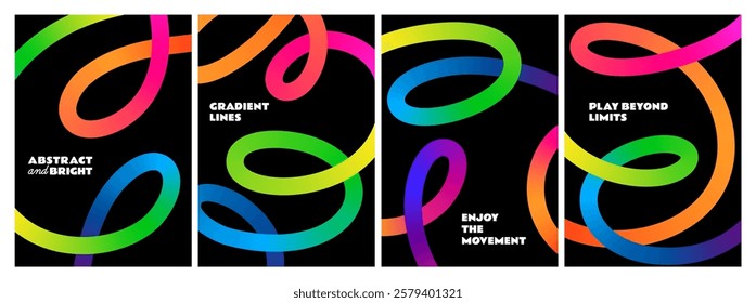 Abstract Color Backgrounds with Gradient Lines. 3D Vector Rainbow Squiggle Ribbons. Wave Shape Graphic Elements. Geometric Patterns with Wavy Spirals. Black Posters Design with Neon Gradients 