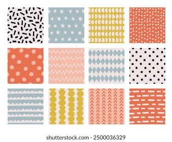 Abstract color backgrounds isolated set with doodle simple geometric decorative seamless patterns. Wallpaper templates with minimalist creative artistic drawing funky geometry vector illustration