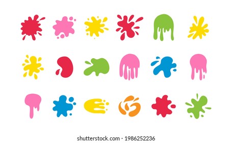 Abstract color blob set. Organic forms, falling liquid paint shape, colorful simple decorative blotch, minimal stain silhouette, bright fluid stains, vector isolated on white background collection