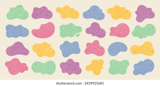 Abstract color blobs and splashes set. Y2k Shapes with watercolor texture pattern. Liquid organic shapes, simple paint spots and stains set. Abstract art pattern with fluid forms, vector illustration