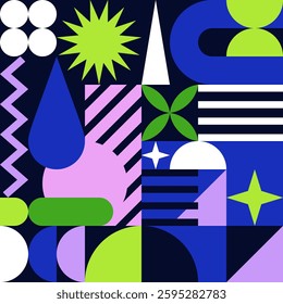 Abstract color block geometric background. Vector print, banner, poster, greeting card, cover bauhaus memphis design. Simple primitive elements colorful pattern