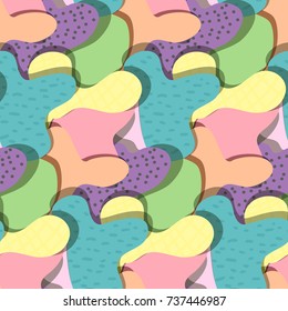 Abstract color blots with shadow seamless pattern in memphis style. Fashion texture in trendy pastel colors with spots and dots for textile, cover, surface, banner design, wallpaper, background