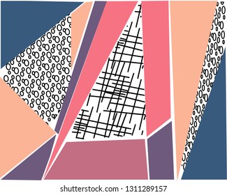 abstract color bright geometric background or banner design element. Vector overlay color spotted pattern of geometric shapes, lines and dots in the fashion of animation of Memphis 