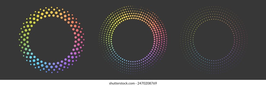 Abstract color circles with dots texture. Round dotted frames set with multi color gradient. Spotted spray or brush. Vector design element