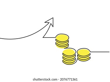 Abstract color coins and arrow as continuous lines drawing on white background. Vector