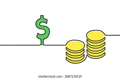 Abstract color coins dollar as continuous lines drawing on white background. Vector