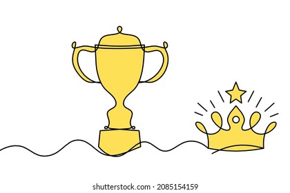 Abstract color cup with crown as continuous lines drawing on white  background
